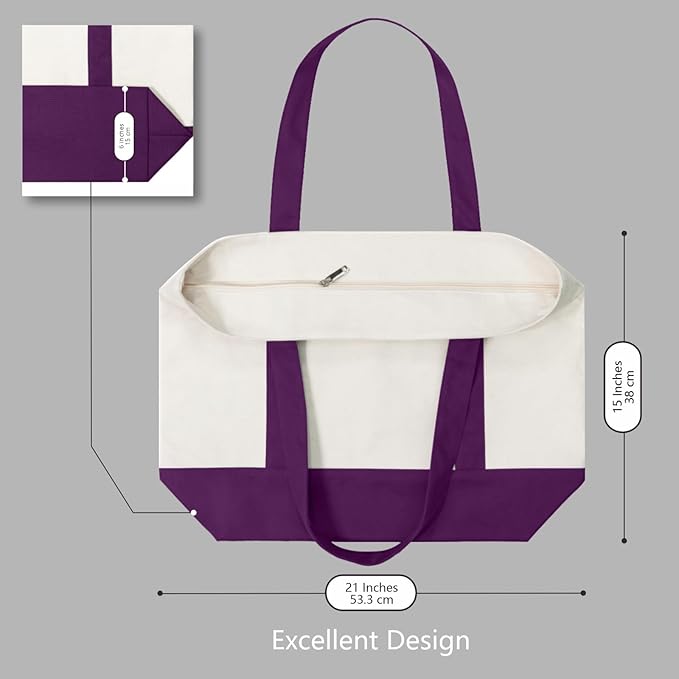 TOPDesign 6-Pack Canvas Tote Bags with an External Pocket, Reusable Grocery Shopping Bags, Top Zipper Closure, Daily Essentials (Purple/Natural)