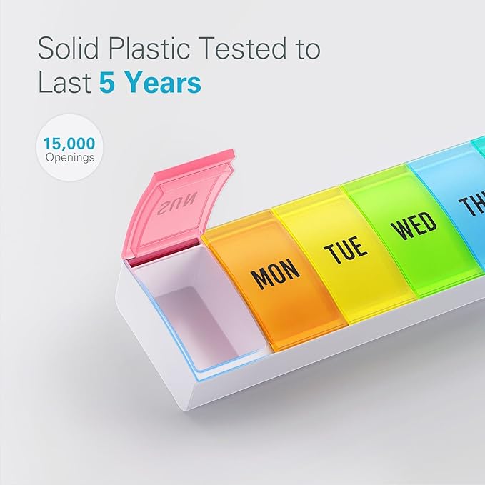 Barhon Medium Size Pill Organizer Weekly, 7 Day Medicine Pill Organizers, Daily Pills Box Case Travel for Big Vitamin Supplements Fish Oil, Multi-Colored