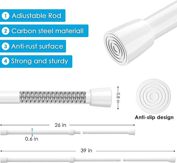 3Pcs Tension Curtain Rod, white Tension Rod 26-39 inch, Spring Tension Curtain Rod No Drilling, Spring Tension Window Rod Small Tension Rod for Kitchen, Bathroom, Window, Closet