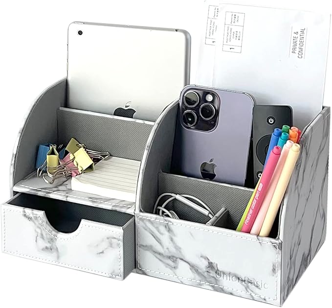 UnionBasic Desk Organizer, Multi-functional Leather Desktop Office Organizer, Pen Holder - Business Card/Pen/Pencil/Mobile Phone/Stationery Holder Storage Box, Marble White