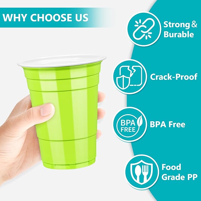 LANLISA 100 Lime Green Plastic Cups, 16 oz Disposable Cups, Drinking Cups For Halloween, Summerween, Christmas Party Supplies