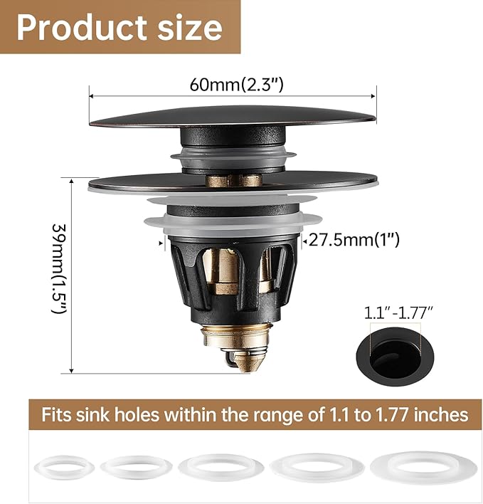Fransiton Bathroom Sink Drain Stopper, Big-Cap Pop-up Drain Fits 1.1" -1.77" Lavatory Vanity RV Sink, Anti-Clogging Drain Plug with Detachable Hair Catcher Oil Rubbed Bronze