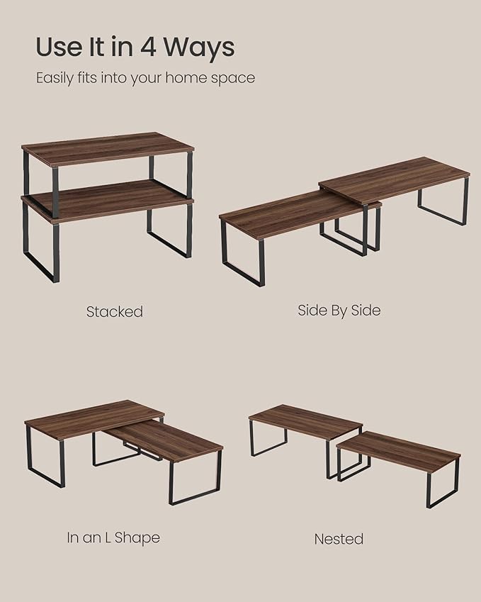 SONGMICS Cabinet Organizer Shelf, Set of 2 Kitchen Counter Shelves, Kitchen Storage, Spice Rack, Stackable, Expandable, Metal and Engineered Wood, Natural Walnut and Matte Black UKCS025K01