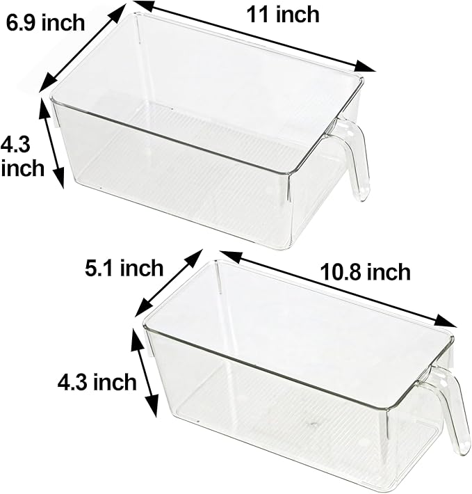2pcs Clear Kitchen Storage Bins, pantry organizers and storage, Small Clear Containers for Organizing, Fridge Organizer, Cabinet Shelf Storage Bins (M+S)