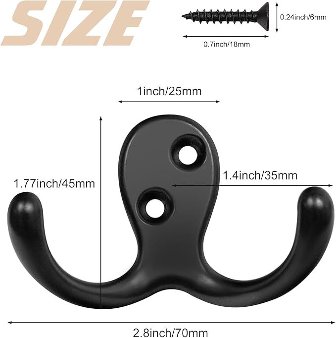 10 Pack Coat Hooks, Heavy Duty Double Prong Coat Hooks Wall Mounted with 20 Screws, No Rust Black Metal Wall Hooks for Hanging Towel, Coat, Bag, Hat, Cup, Key