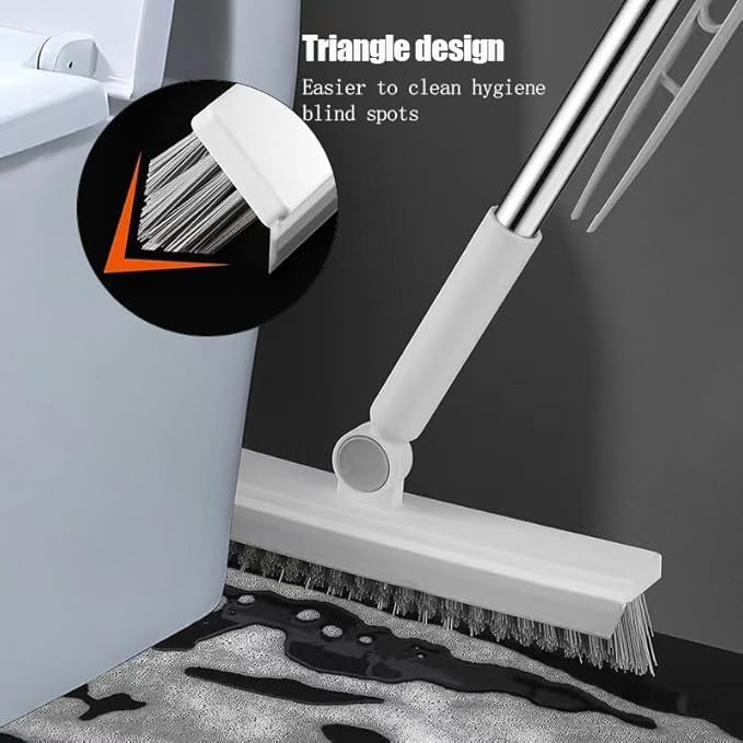 Floor Scrubbing Brush with 57" Adjustable Long Handle,3 in 1 Living Grout Brush with Squeegee,V-Shape Stiff Brush Bristle,Heavy Duty Bathroom Cleaning Brush for Tile,Deck,Patio,Wall,Garage,Kitchen,Blu