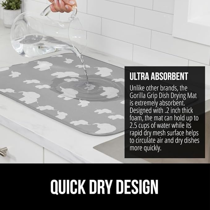 GORILLA GRIP Ultra Water Absorbent Microfiber Dish Drying Mat, 18x24, Quick Dry Thick Mesh, Slip Resistant Pad for Sink Dishes or Under Rack, Kitchen Counter Accessories, Machine Wash Mats, Elephants