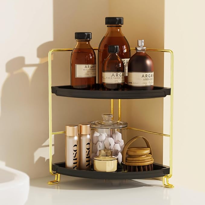 2-Tier Spice Rack Corner Storage Shelf Makeup Organizer Stackable Cosmetic Holder Standing Counter Shelf for Bathroom, Kitchen, Countertop, and Vanity (Gold + Black)