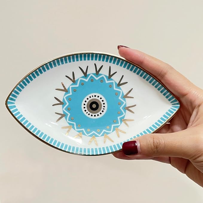 Exquisite Small Ceramic Jewelry Tray - Trinket Dish Evil Eye Decor, Gold Plate Ring Holder, Modern Boho Home Essentials, Perfume Organizer, Witchy, Aesthetic Room Decor (Blue)