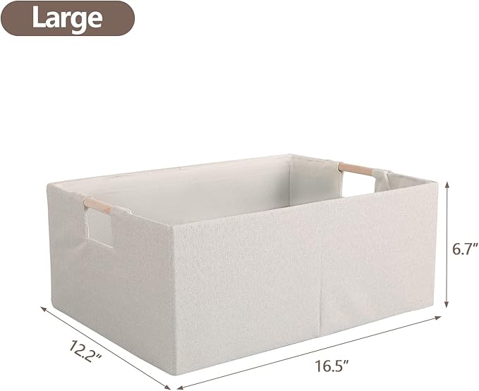 Fabric Storage Bin Box Foldable Cotton Linen Storage Basket with Wooden Handles Rectangular Cube Decorative Home Laundry Organizer Clothes Blanket Container - Beige, Large