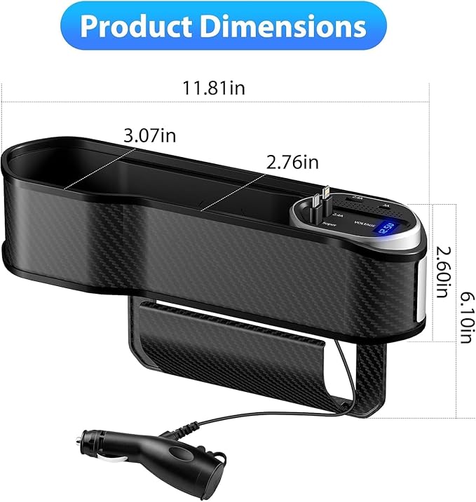 5 in 1 Car Seat Gap Filler Organizer with Wireless Charger and Cigarette Lighter, 2 Charging Cables, Retractable Charging Cords iOS Type-C USB Port Fast Charge Storage Box Cup Holder