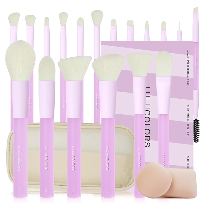 18-Piece Light Purple Professional Makeup Brush Set – Translucent Rubberized Handles, Soft Synthetic Bristles for Face & Eye Makeup–Includes Travel Bag & Sponges, Complete Brush Collection