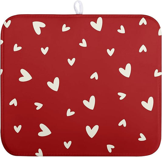 Valentine's Day Love Heart Dish Drying Mat for Kitchen Counter 16x18 Inch Valentine Theme Dish Mats Absorbent Microfiber Dish Draining Mat Reusable Washable Dish Drainer Rack Pad