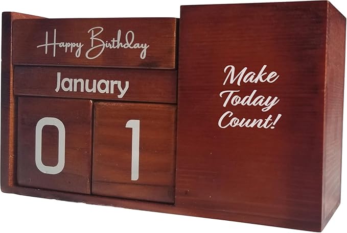 STRIVE ZEN Perpetual Wooden Desk Calendar - Timeless Elegance for Daily, Weekly, and Monthly Planning | Solid Pine Wood, Desk Decoration, and Thoughtful Gift with Bonus Happy Birthday Block Included