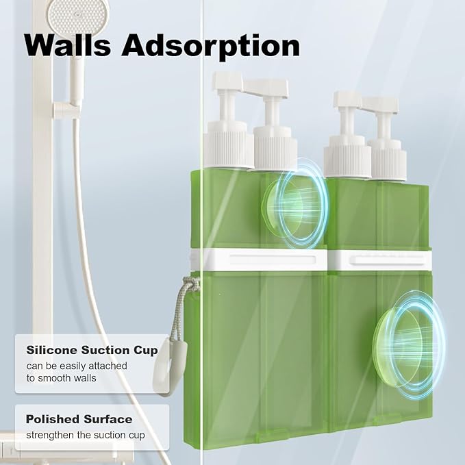 YOTIME 4in1 Travel Bottles Set, Vacuum Silicone Suction Cup for Smooth Walls, TSA Approved Leak Proof Travel Size Containers for Toiletries, Shampoo, Body Wash and Conditioner, Green