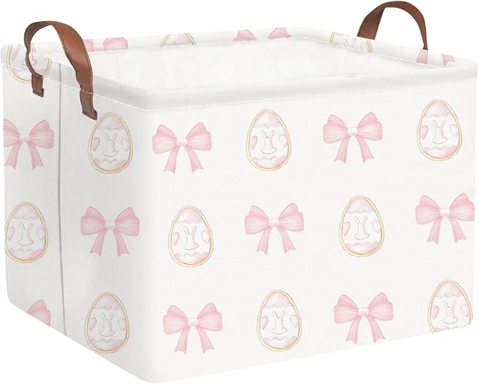 FXOLCSHE Rectangular Easter basket,Nursery Hamper,Collapsible waterproof baby toy storage box for Kids,Toy Organizer,Home Decor,Easter gift basket(Pink bow egg)