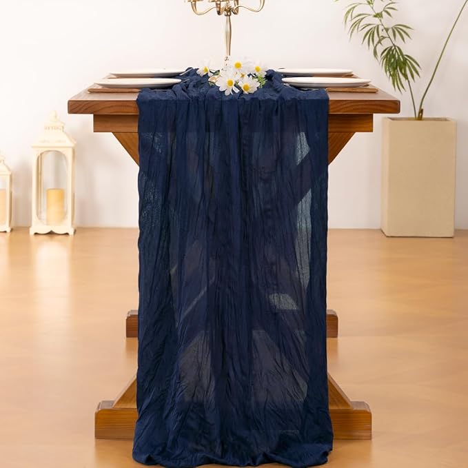 Socomi 6pcs Navy Blue Summer Cheesecloth Table Runner Boho Rustic Gauze 120 inch 10FT Cheese Cloth Sheer Runner for Wedding Party Baby Shower Birthday Home Decor Holiday Decorations