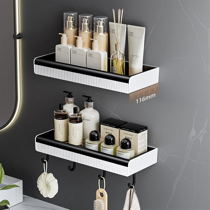 MRPAPA Wall-Mounted Bathroom Organizer, Adhesive Shower Shelf for Toiletries, Drill-Free Shower Caddy with Hook Space-Saving Storage Rack for Bathroom, Kitchen (2 Pack)