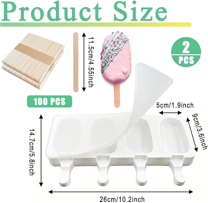 2 Pack Silicone Popsicle Molds, Largre Oval 4 Cavities Homemade Ice Pop Molds with 100 Wooden Sticks for Ice Cream, Cakesicles, Cake Pop