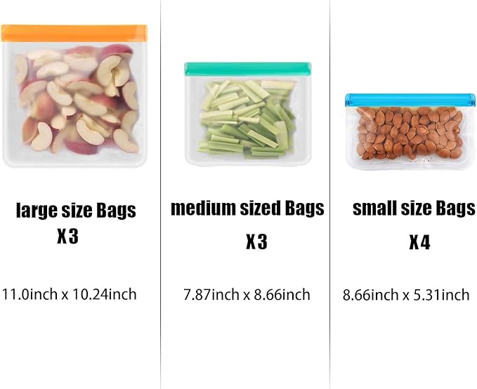 10 Pack Dishwasher Safe Silicone Food Storage Bags, Leakproof Silicone Freezer Bags, BPA Free Reusable Storage Bags for Lunch Marinate Food Travel - 3 Gallon 3 Sandwich 4 Snack Bags