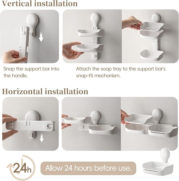 Double Soap Holder, Strong Hold Suction Cup Soap Dish, No Drill Double Layer Tray for Sponge and Bath Essentials, Wall Mount Organizer for Bathroom & Kitchen Sink, White