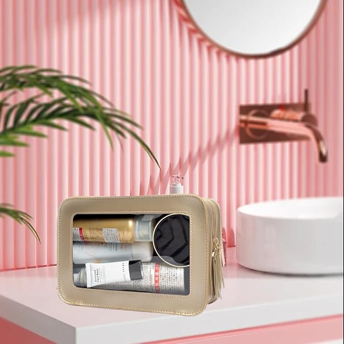 Clear Makeup Bag, Gold Travel Makeup Pouch Toiletry Bag for Women Waterproof Small Cosmetic Bag Case Small Make Up Bag with Zipper Car Organizer Car Essentials for Women Men