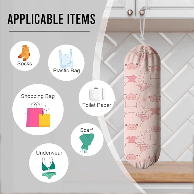 Pig Plastic Bag Holder, Wall Mount Plastic Bags Storage Container Dispenser, Cute Farmhouse Kitchen Decor Gifts for Women Pigs Lover, Kitchen Pattern Garbage Bag 42