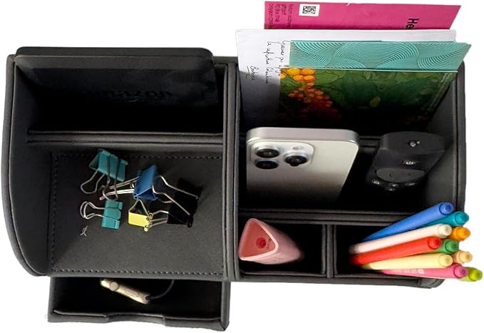 UnionBasic Desk Organizer, Multi-functional Leather Desktop Office Organizer, Pen Holder - Business Card/Pen/Pencil/Mobile Phone/Stationery Holder Storage Box, Taiga Dark Grey