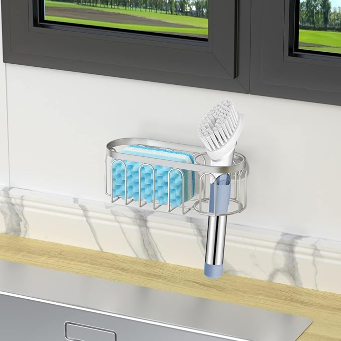 Yazoni 2-in-1 Sponge Holder for Kitchen Sink, Suction Cup Kitchen Caddy, No Drill Rustproof Sink Organizer for Place Dishwashing Brush Soap and Sponge (Silver)