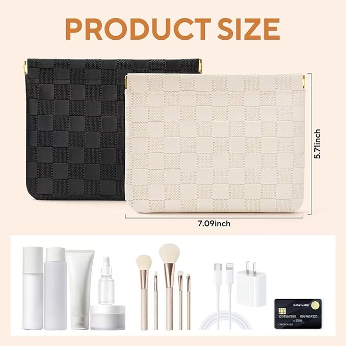 2-Pack Small Waterproof Checkered Makeup Bag - Portable Leather Travel Toiletry Bag Organizer with Snap Closure, Aesthetic Travel Storage Pouches for Women's cosmetic bag for purse