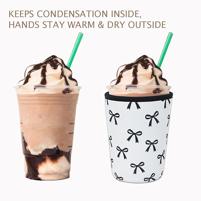 Reusable Insulated Neoprene Iced Coffee Cup Sleeve, Durable Drink Sleeve for Cold Beverages, Beverage Holder for Iced Coffee, Black Bow