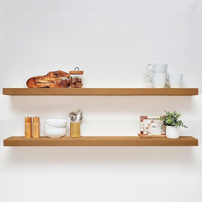 Homeforia 60 inch Golden Oak Floating Shelf, High-End Solid Real Wood 60inch Small Floating Shelves for Wall Mounted, Oak Wooden 60in Floating Shelves, Heavy Duty Bracket, 60 X 6.5 X 1.75 in, Set of 2