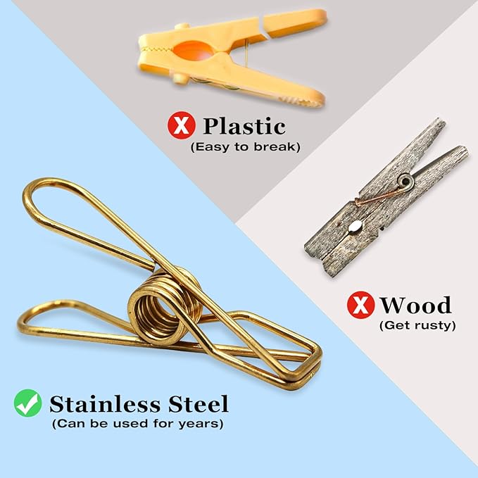 50 Pcs Gold Clothes Pins, AITRAI Heavy Duty ClothesPins Stainless Steel Wire Clothes Pins Laundry Clips for Clothesline Hanging Clothes Outdoor Travel Camping
