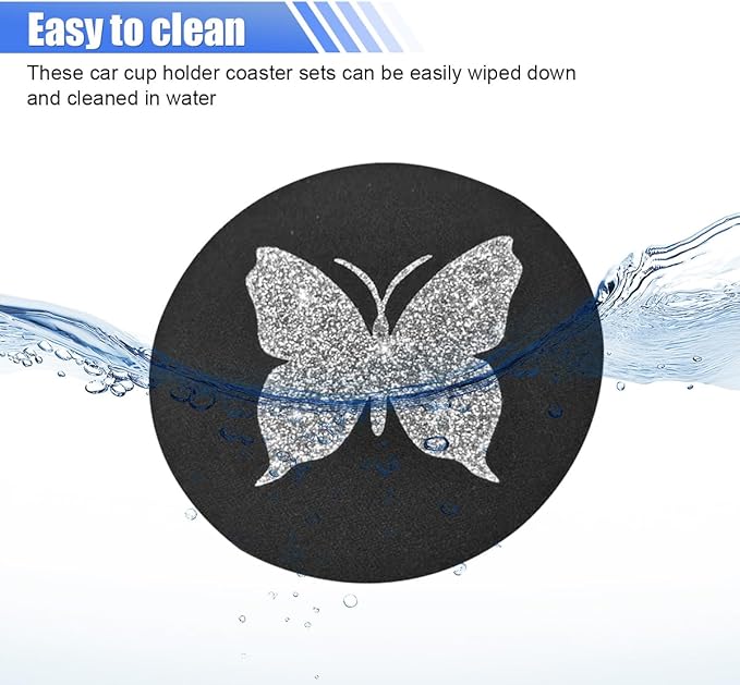 2PCS Bling Butterfly Car Coasters, 2.75'' Anti Slip Insert Cup Holder Coaster, Rhinestone Vehicle Cup Holder Decoration Pad, Universal Auto Interior Drink Water Bottle Mat Accessory (Sliver)