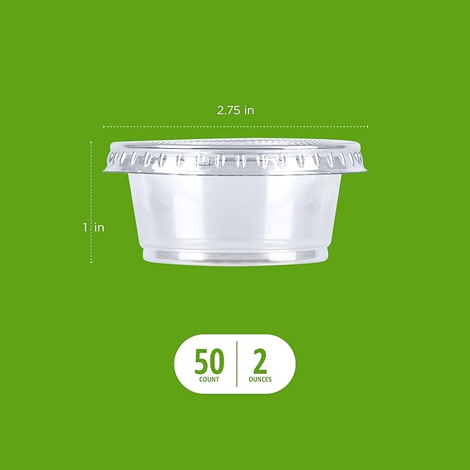 Amazon Basics Disposable Plastic To-Go Cups and Lids, Mini, 2oz, 50 Count, BPA Free, for Condiment, Salad Dressing, Sauces, Jello Shots (Pack of 2)