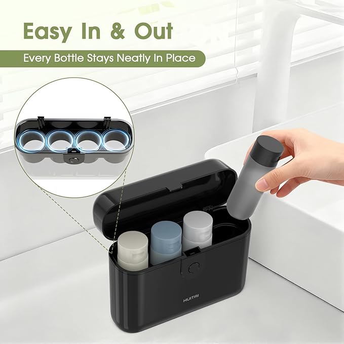 Travel Bottles with Case, 4x2oz TSA Approved, Leak-Proof, Press to Unlock, Compact & Portable Travel Toiletries (Black)