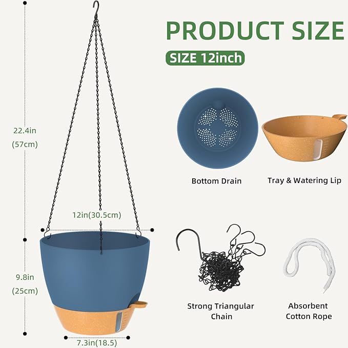 ZMTECH 12 Inch Hanging Planters for Indoor Plants & Outdoor, Self-Watering Hanging Pots with Drainage Holes, Visual Reservoir, Plastic Hanging Baskets for Outdoor Garden Home Decor, Blue