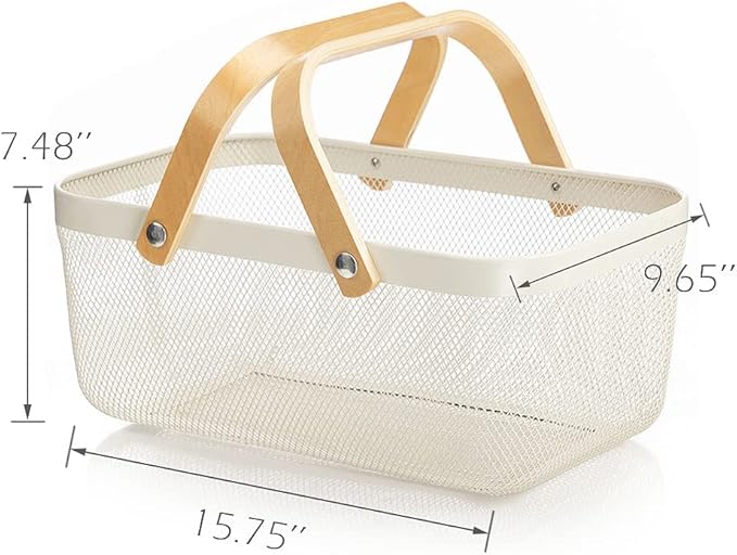 IBWell Square Metal Wire Woven Fruit Storage Bowl Basket with Wooden Handle, Large Black Mesh Fruit Stand, Multi-function Hanging Kitchen Baskets (White, Extended)