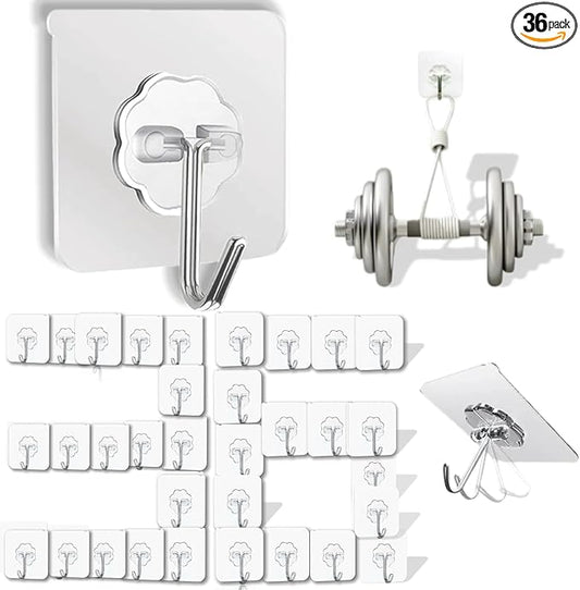 DDMY 36 Pack Heavy Duty Self-Adhesive Large Hooks for Hanging, Wall Transparent Reusable Waterproof Hooks for Kitchen Curtains, Towel Hooks for Bathrooms, Coat Hooks for Walls - No Damage