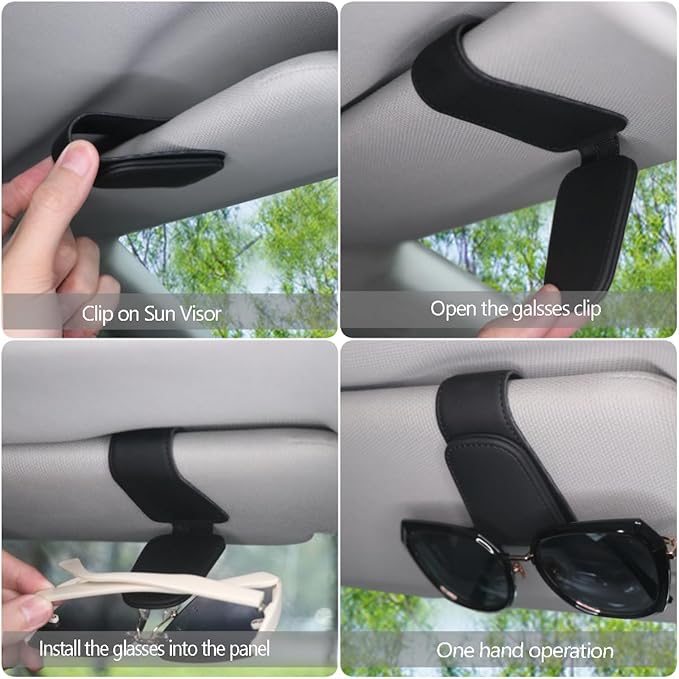 2 Packs Sunglasses Holder for Car, Sunglass Clip for Car Visor, Magnetic Leather Car Eyeglass Holder and Ticket Card Clip, Suitable for Different Size Eyeglasses(Black