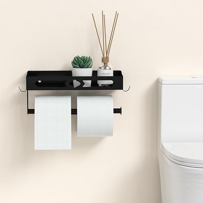 Paper Towel Holder Wall Mount for Kitchen, Easy One-handed Operation Design, Self Adhesive Paper Towel Holder with Shelf for Bathroom, RV Paper Towel Rack Paper Roll Holder with 2 Hooks, Black
