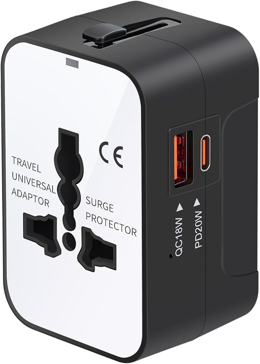 Travel Adapter Fast Charge, GaN Worldwide All in One Universal Travel Adapter with PD3.0 Type C & USB-A Quick Charging Portable Wall Charger AC Power Plug Adapter for USA EU UK AUS, White