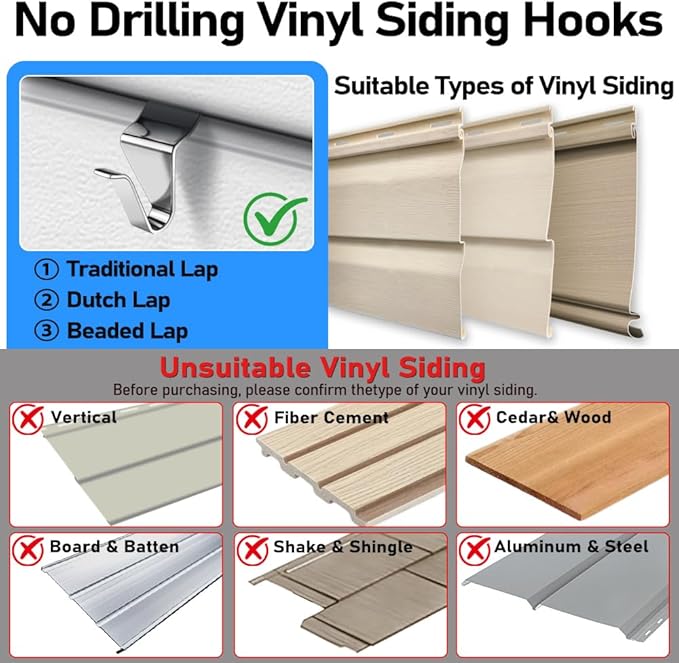 24PCS Vinyl Siding Hook, Thicken Stainless Steel Vinyl Siding Clips Hangers, Heavy-Duty No Drill Vinyl Hook for Outdoor Decor, Hanging on Patio, Christmas Wreath Hangers