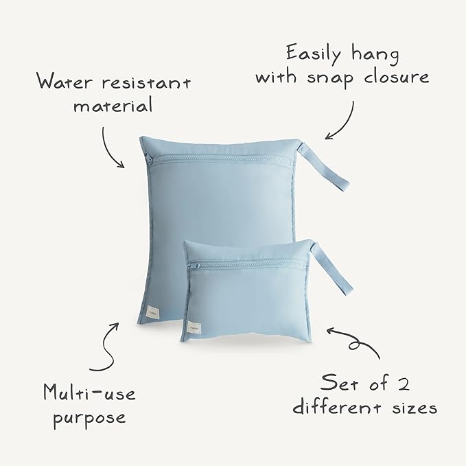 mushie Water Resistant Wet Bags | Large & Small Reusable Storage Bag for Baby Items and Travel | Zippered Pockets with Handle | Machine Washable, Set of 2 (Roman Green)