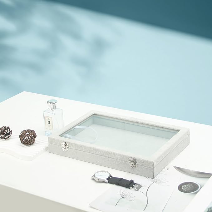 Coward Jewelry Organizer Tray Box, Grey Beige Velvet Blank Display Tray Case with Lid for Storage Necklaces Bracelets Rings Beads and Jewelry Accessories