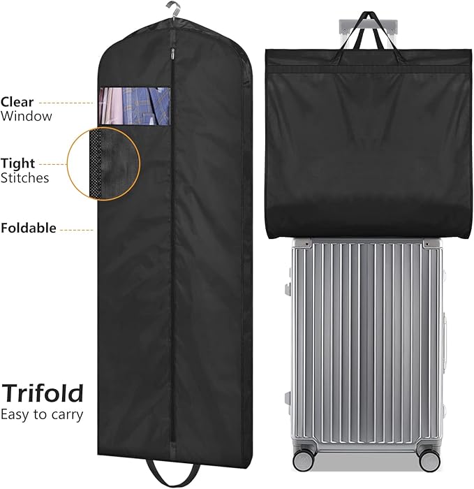 MISSLO 65" Long Garment Bags for Travel Dress Bags for Hanging Clothes Waterproof Wedding Dress Cover Traveling Clothing Protectors for Closet Storage 3-Pack for Gowns, Tuxedos, Coats, Black