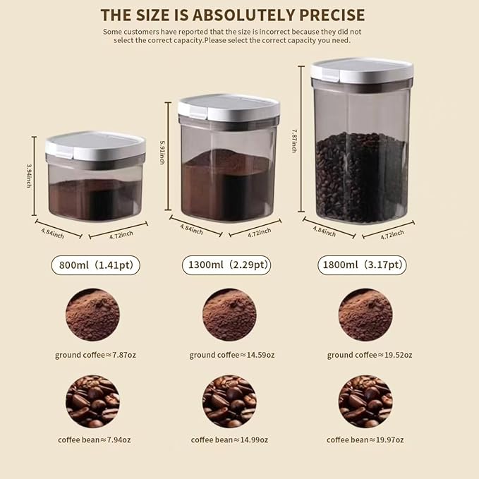 Airtight Coffee Canister, 20oz Coffee Storage Container with Scoop, Kitchen Food Storage Jar for Grounds Coffee, Beans, Tea, Sugar, Flour, Cereal, 1800ml