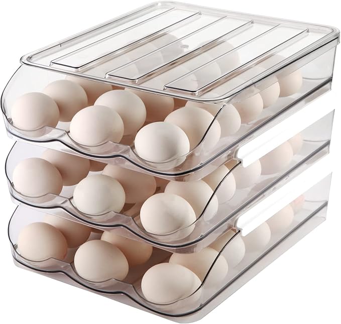 Egg Holder for Fridge, Automatically Rolling Egg Storage Container for Refrigerator, Egg Organizer for Fridge with Lid, Clear Plastic Dispenser, Tray & Box - 3 Layer