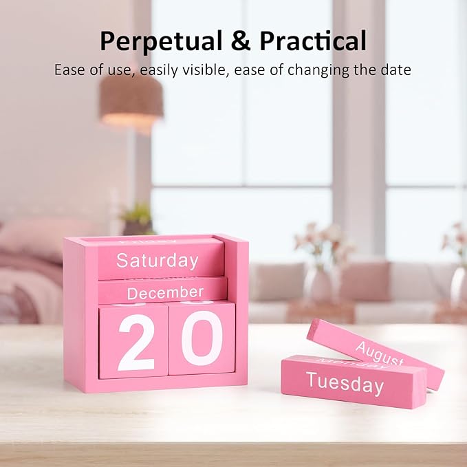 Wooden Block Calendar for Desk, Daily Desktop Perpetual Desk Calendar, Cute Date Display Blocks Desk Accessory for Home Office Decor, Teacher, Classroom, Reusable Yearly, Pink