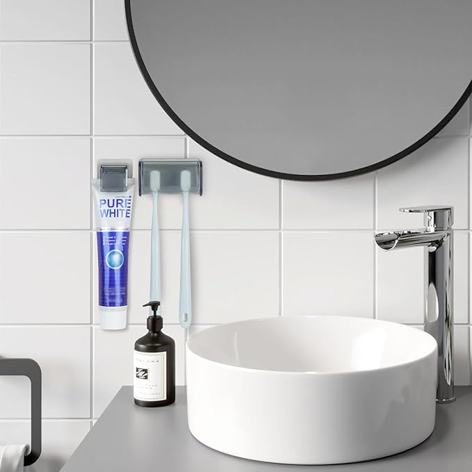 Toothbrush Holder Wall Mounted with Cover for Bathroom, 2 Slots Toothbrush Storage Organizer for Shower, Self Adhesive Toothbrush Hanger with Toothpaste Clip